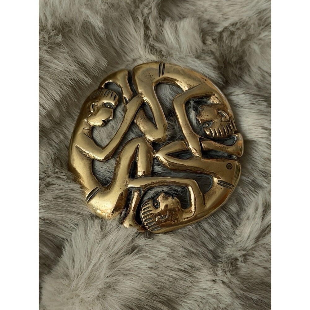 Beautiful Brass Brutalist Triple Dancer Brooch Pin Mid Century Modernist